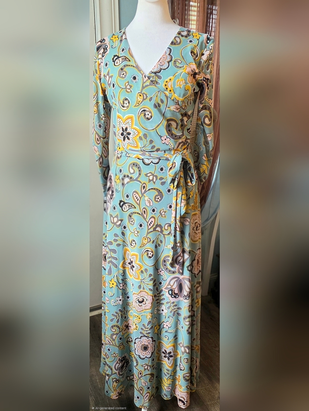 Allison Brittney Faux Wrap Maxi Dress Womens S Seafoam Floral 3/4 Sleeve Mesh
